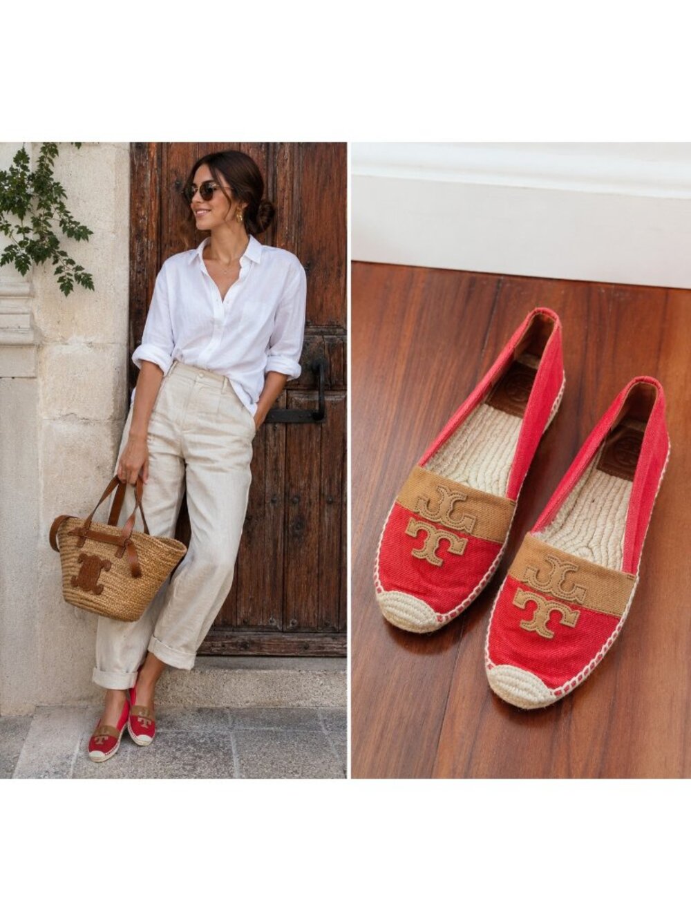 Tory Burch Coral Canvas Espadrille Flats Logo Slip On Shoes Women's Size 9M